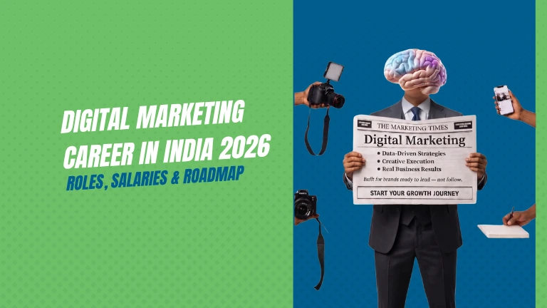 Illustration of a digital marketer with a brain and marketing tools representing a digital marketing career guide for India 2026