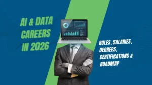 Person in a suit with a data dashboard laptop as head representing AI and data careers in India 2026