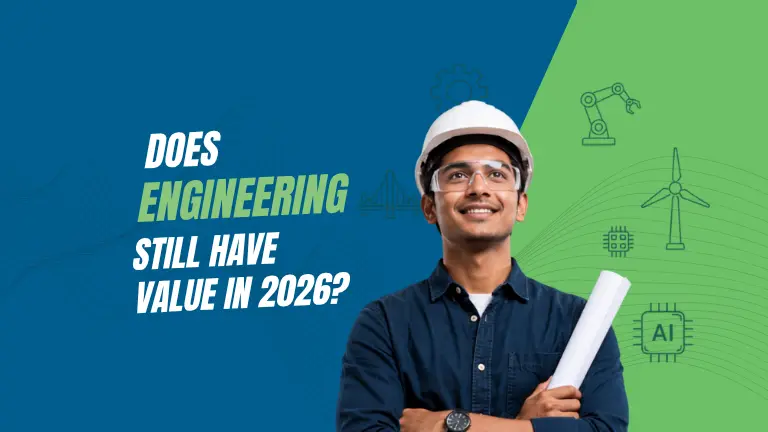 Indian engineering graduate in a hard hat and safety glasses holding rolled blueprints, beside icons for robotics, wind energy, and AI, with text asking "Does Engineering Still Have Value in 2026?"