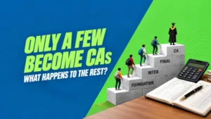 CA pass percentage thumbnail showing a narrowing staircase with fewer students at each level, a calculator and a ledger