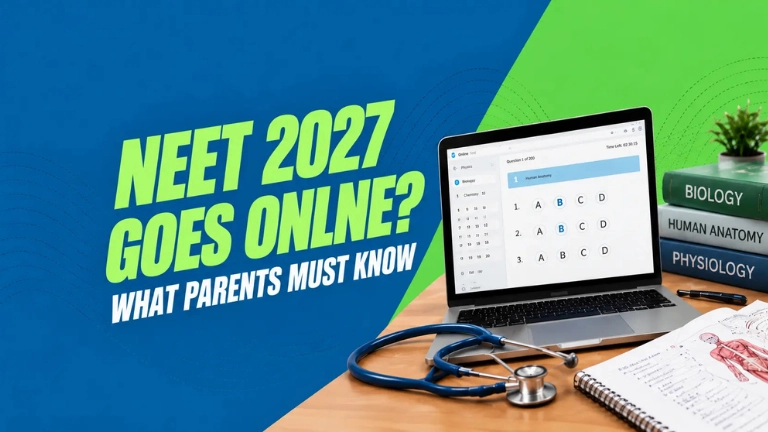 NEET 2027 thumbnail showing a computer exam screen with a stethoscope and biology notes, with the text NEET 2027 Goes Online