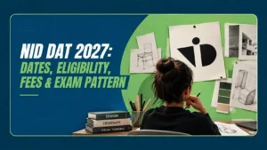 NID DAT 2027 guide showing a student sketching design ideas at a desk with product drawings pinned on the wall