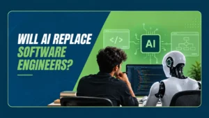 Student and AI robot looking at code on a computer screen, illustrating whether AI will replace software engineers